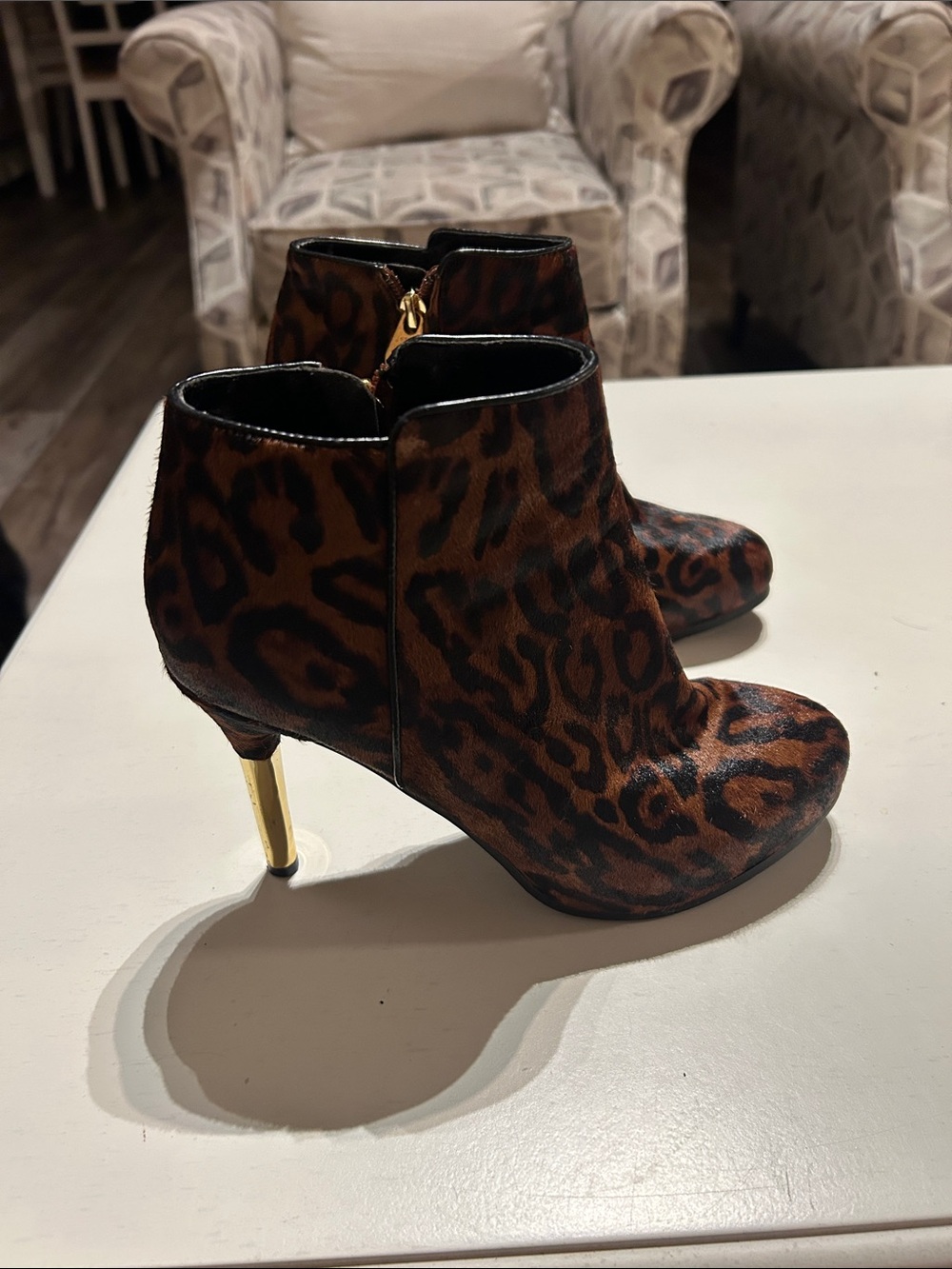 Leopard Print Ankle Boots with Gold Stiletto Heel - Women made with real fur